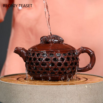 300 мл Традиционен лилав глинен чайник Yixing Известен ръчно изработен чайник от бамбукови листа Сурова руда Пурпурен чайник с кал Китайски комплект за чай Zisha
