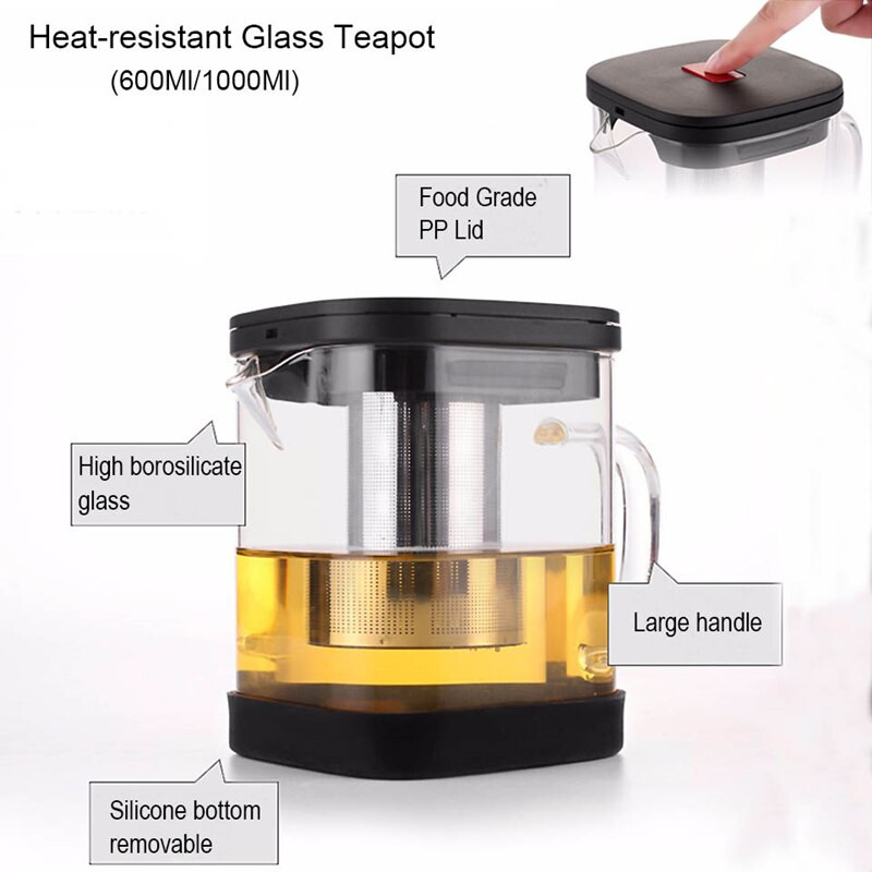 Átlátszó üveg teáscsésze készletek Hőálló, négyzet alakú üveg teáskanna teainfúzióval Puer Oolong teáskannák Vízforraló Irodai teáscsésze