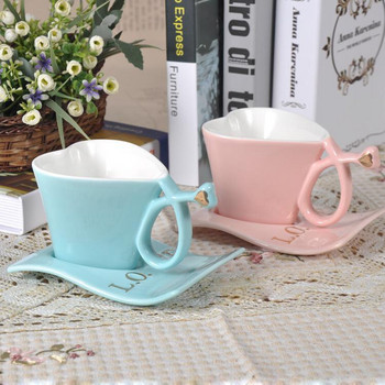 LOVE Creative Heart Shape Coffee Cup With Dish Spoon Coffee Cup Suit Dish For The Lovers Σετ Δώρο σε Αγγλικό Σετ Πιατάκι για Φλιτζάνι Τσαγιού