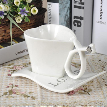 LOVE Creative Heart Shape Coffee Cup With Dish Spoon Coffee Cup Suit Dish For The Lovers Σετ Δώρο σε Αγγλικό Σετ Πιατάκι για Φλιτζάνι Τσαγιού
