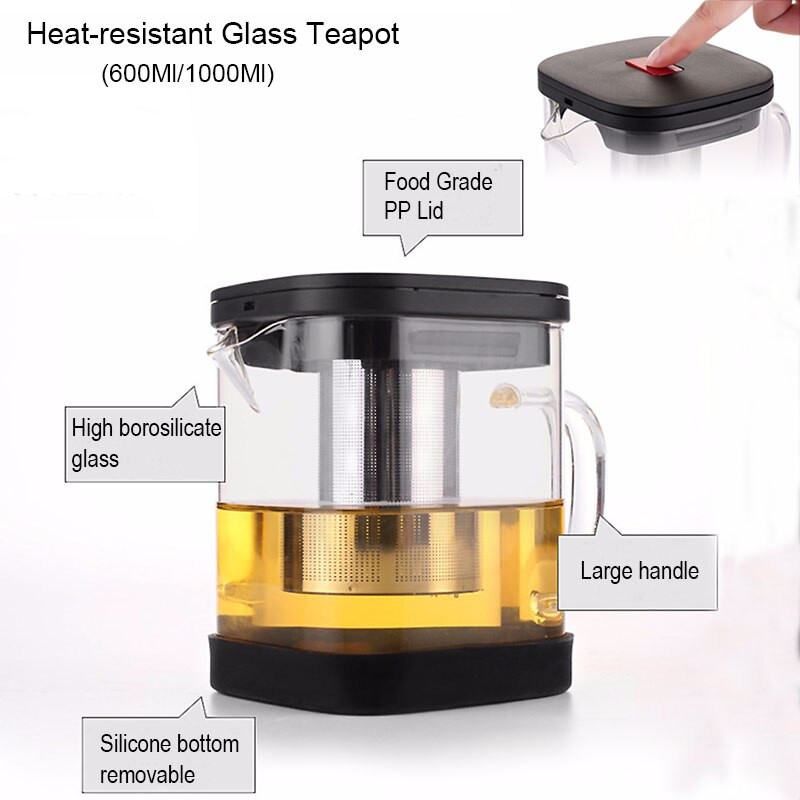 BORREY átlátszó üveg teáskanna teáscsésze szett Hőálló négyzet alakú üveg teáskanna teainfúzióval Puer Oolong teáskanna irodai teáscsésze