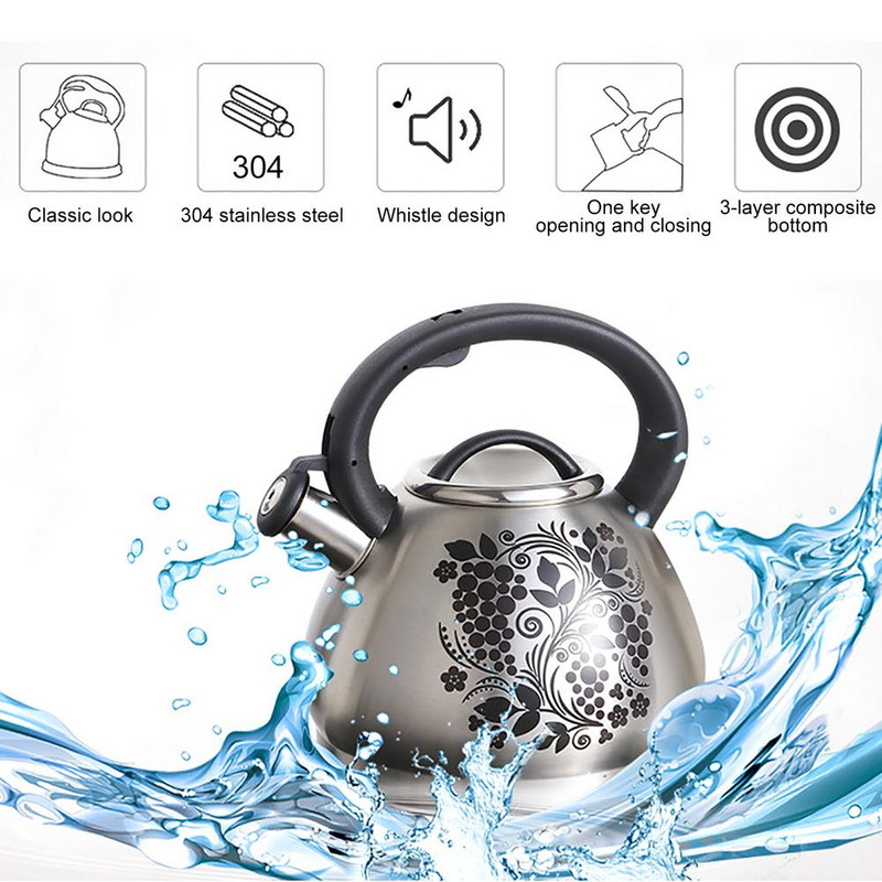 Свирещ чайник от неръждаема стомана Цветя/Роза/Пеперуди Печат Променящ цвета Чайник Газова индукционна готварска печка Универсална кана за кафе и чай