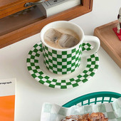 Chic Grids kerámia kávéscsésze csészealj készlet Vintage ivótejes teás bögre tányérral Otthoni irodai kávézóasztal Esztétikus dekoráció 245ml