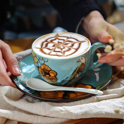 Kerámia kávéscsésze és csészealj készlet Espresso Cappuccino Latte bögrék Kreatív kínai retro stílusú, kézzel festett irodai háztartás