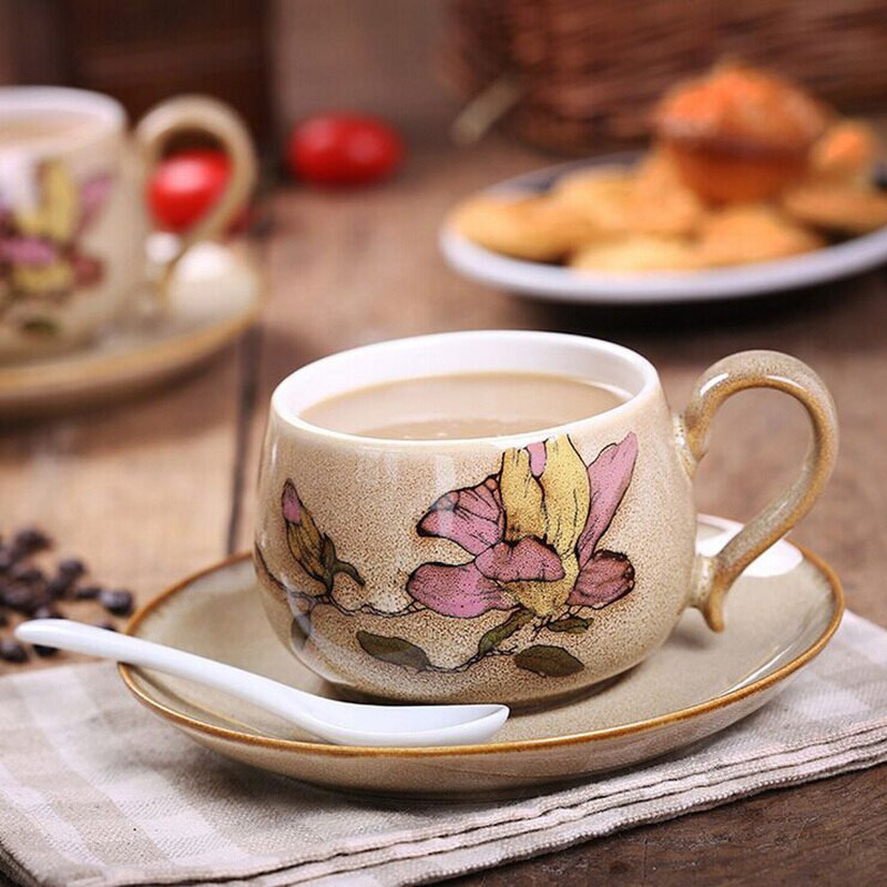 Kerámia kávéscsésze és csészealj készlet Espresso Cappuccino Latte bögrék Kreatív kínai retro stílusú, kézzel festett irodai háztartás