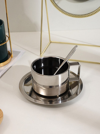 Комплект чаши за кафе от неръждаема стомана с подложка за чинийки Лъжица Двуетажна топлоизолация Оригинална чаша за закуска Мляко Чай Еспресо