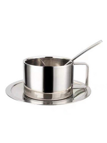 Комплект чаши за кафе от неръждаема стомана с подложка за чинийки Лъжица Двуетажна топлоизолация Оригинална чаша за закуска Мляко Чай Еспресо