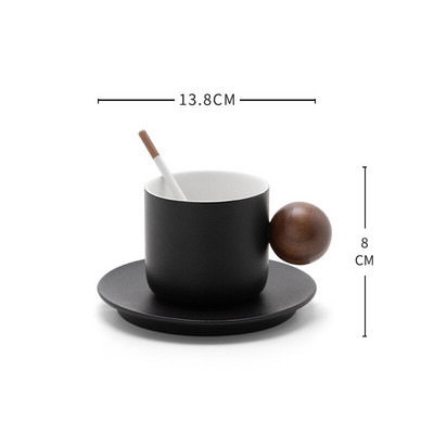 Japoniškas keramikinis kavos puodelio ir lėkštės rinkinys Apvalus rutulys medinė rankena Rankų darbo retro pusryčių popietės arbatos kapučino puodelis Dovanos