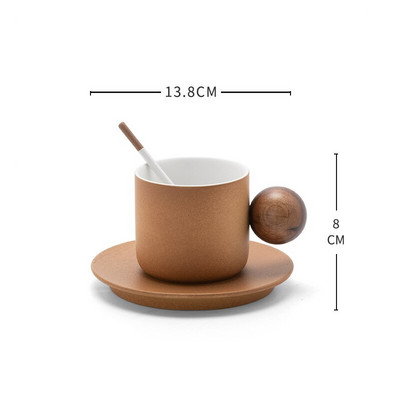 Japoniškas keramikinis kavos puodelio ir lėkštės rinkinys Apvalus rutulys medinė rankena Rankų darbo retro pusryčių popietės arbatos kapučino puodelis Dovanos