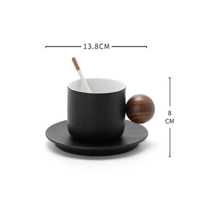 Japoniškas keramikinis kavos puodelio ir lėkštės rinkinys Apvalus rutulys medinė rankena Rankų darbo retro pusryčių popietės arbatos kapučino puodelis Dovanos