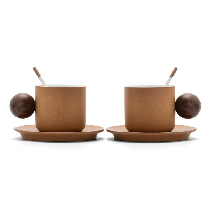 Japoniškas keramikinis kavos puodelio ir lėkštės rinkinys Apvalus rutulys medinė rankena Rankų darbo retro pusryčių popietės arbatos kapučino puodelis Dovanos