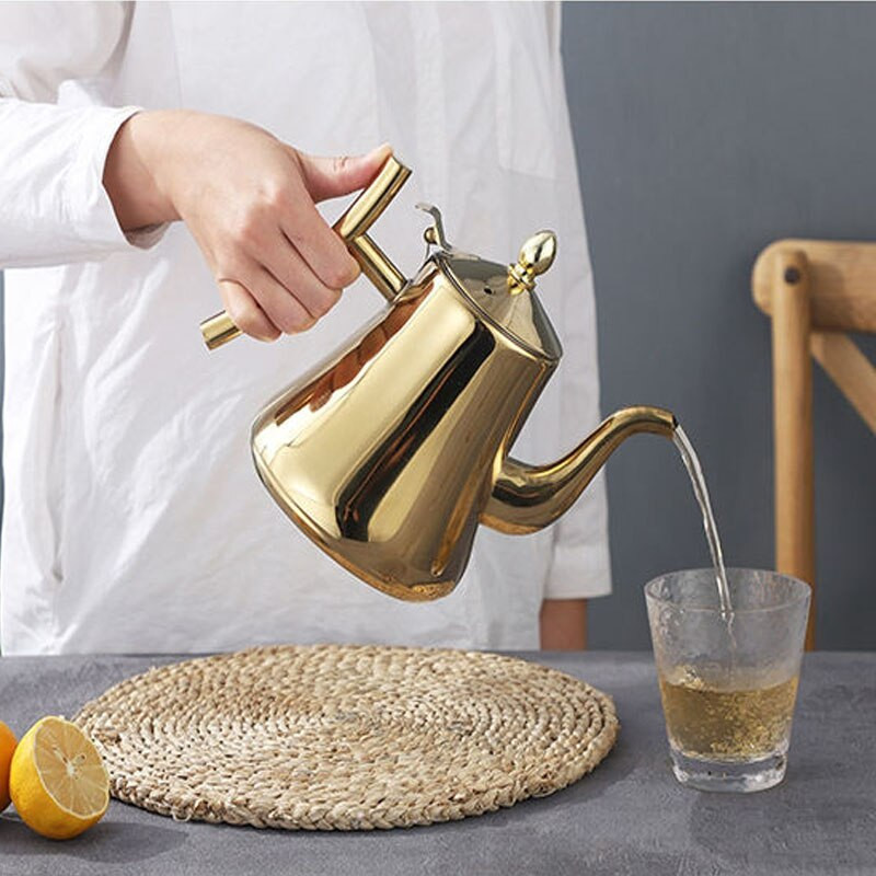 1L/1,5L/2L vastag rozsdamentes acél vízforraló Arany ezüst teáskanna szűrővel, hőálló kávéfőző, indukciós főzőlap