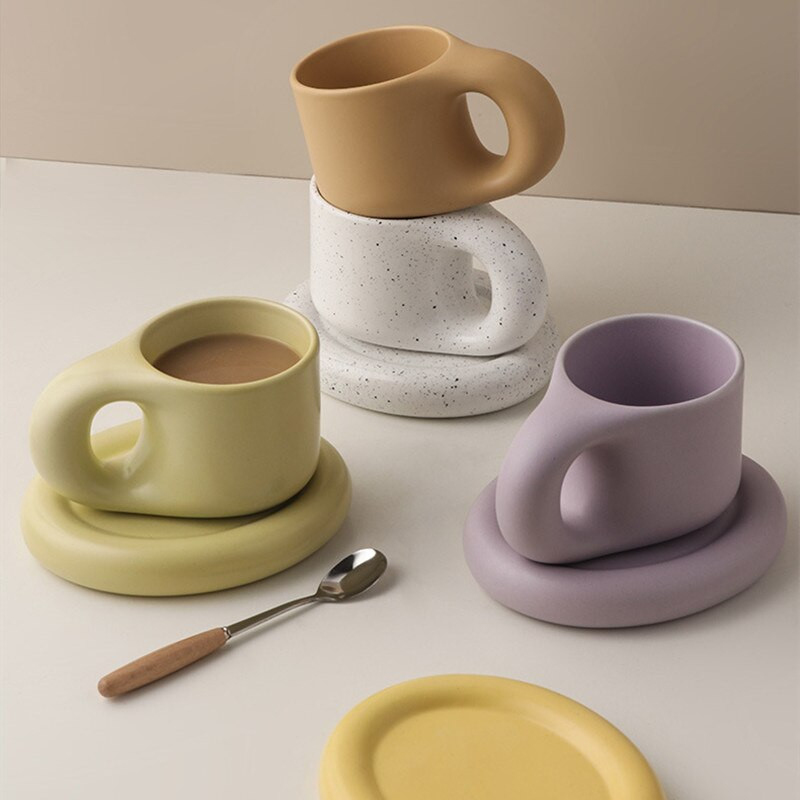 Set de căni de cafea din ceramică, alb nordic, mic dejun decorativ pentru băut latte, ceai cu lapte, farfurie, ceașcă reutilizabilă de nuntă