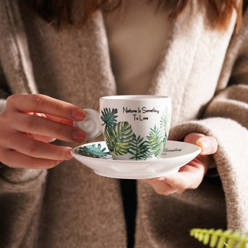 Észak-Európa Fresh Style 90 ml-es eszpresszó csésze készlet tálcával Monstera Leaf Frost kis olasz fekete kávés bögre utazási kávéscsésze