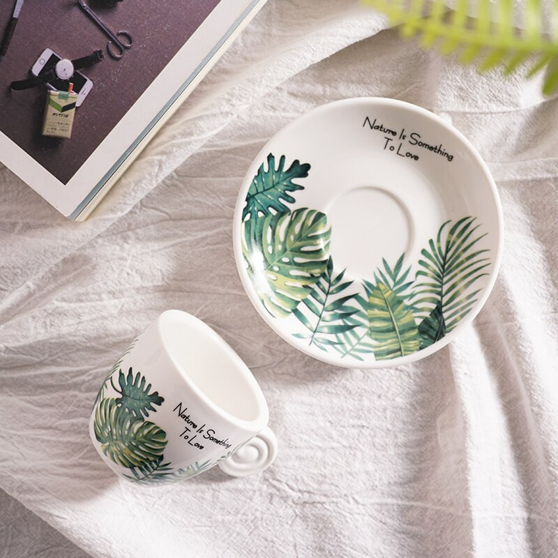 Észak-Európa Fresh Style 90 ml-es eszpresszó csésze készlet tálcával Monstera Leaf Frost kis olasz fekete kávés bögre utazási kávéscsésze