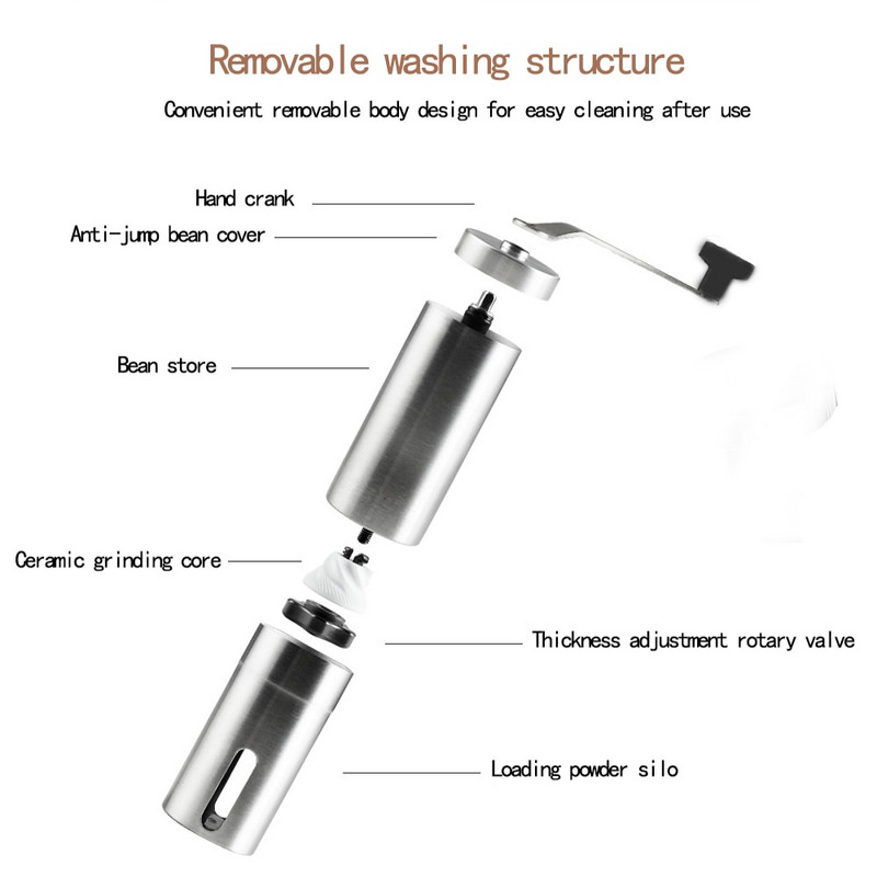 Rankinis kavos malūnėlis prancūziškam reljefiniam aparatui, rankinis mini, K puodelis, šlifuoto nerūdijančio plieno nešiojamas kūginis malūnėlis