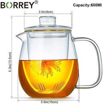 BORREY 600Ml Γυάλινη Τσαγιέρα λουλουδιών Ανθεκτική στη θερμότητα Γυάλινη Τσαγιέρα με Φίλτρο Puer Kettle Tea Infuser Pot Office Cup Σετ τσαγιού Kung Fu