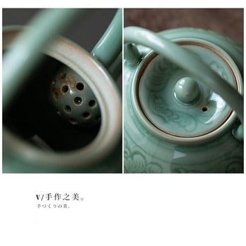 175ml Yue Kiln Celadon Teapot Hand Relief Interlock Branch Lotus Art Tea Maker Lifting Beam Pot with Filter Kung Fu Teaware