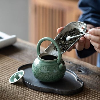 175ml Yue Kiln Celadon Teapot Hand Relief Interlock Branch Lotus Art Tea Maker Lifting Beam Pot with Filter Kung Fu Teaware