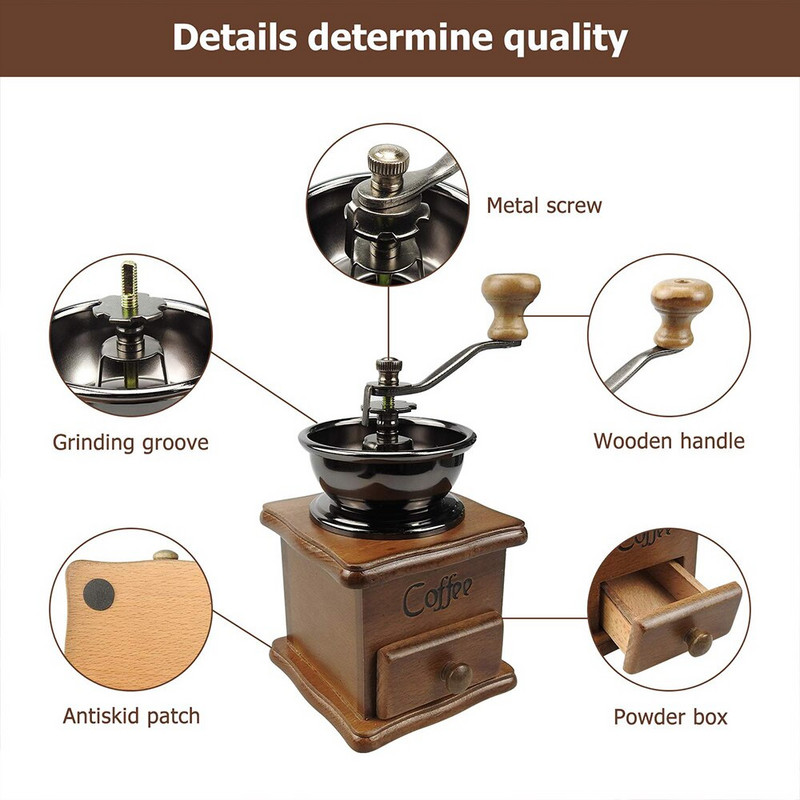 Rankinis kavos pupelių malūnėlis Medinis rankinis kavos malūnėlis nerūdijančio plieno Retro kavos prieskonių malūnėlis su keramikiniu malūnu