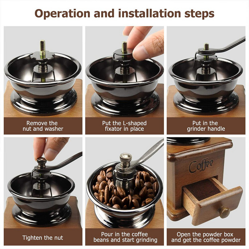 Rankinis kavos pupelių malūnėlis Medinis rankinis kavos malūnėlis nerūdijančio plieno Retro kavos prieskonių malūnėlis su keramikiniu malūnu