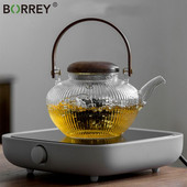 Ceainic BORREY cu dungi groase din sticlă rezistentă la căldură Mâner din lemn poate fi încălzit Sobă electrică de ceramică pentru a face ceainic Open Fame750ML