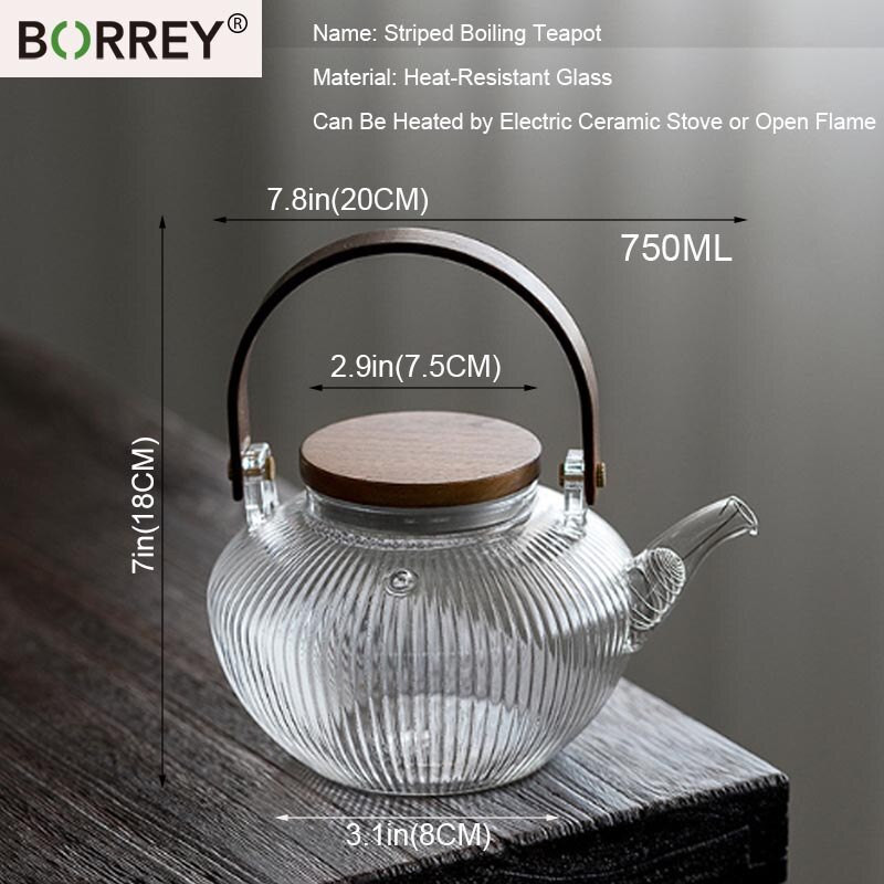 Ceainic BORREY cu dungi groase din sticlă rezistentă la căldură Mâner din lemn poate fi încălzit Sobă electrică de ceramică pentru a face ceainic Open Fame750ML