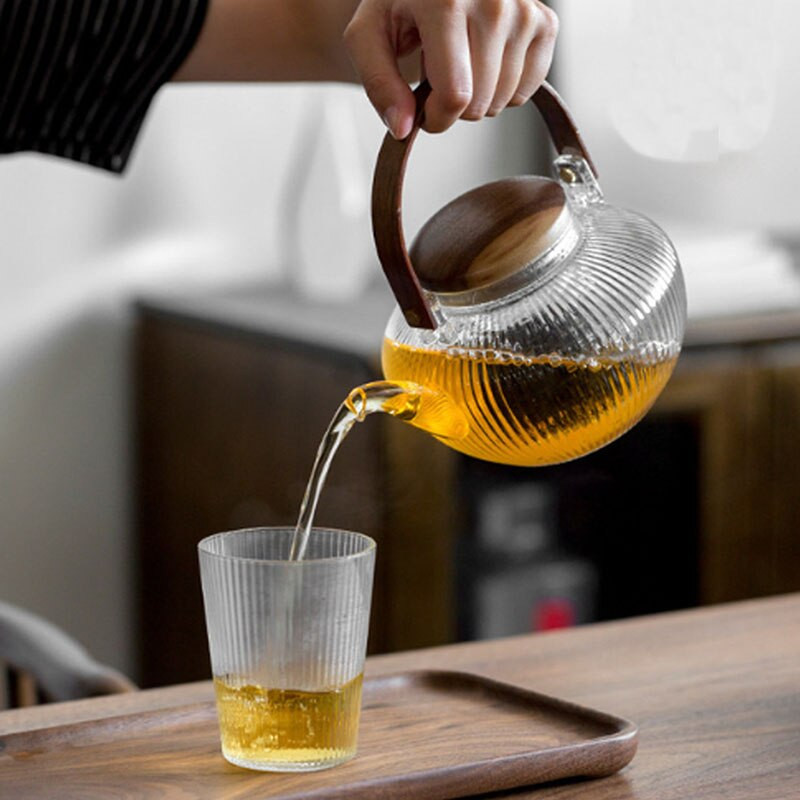 Ceainic BORREY cu dungi groase din sticlă rezistentă la căldură Mâner din lemn poate fi încălzit Sobă electrică de ceramică pentru a face ceainic Open Fame750ML