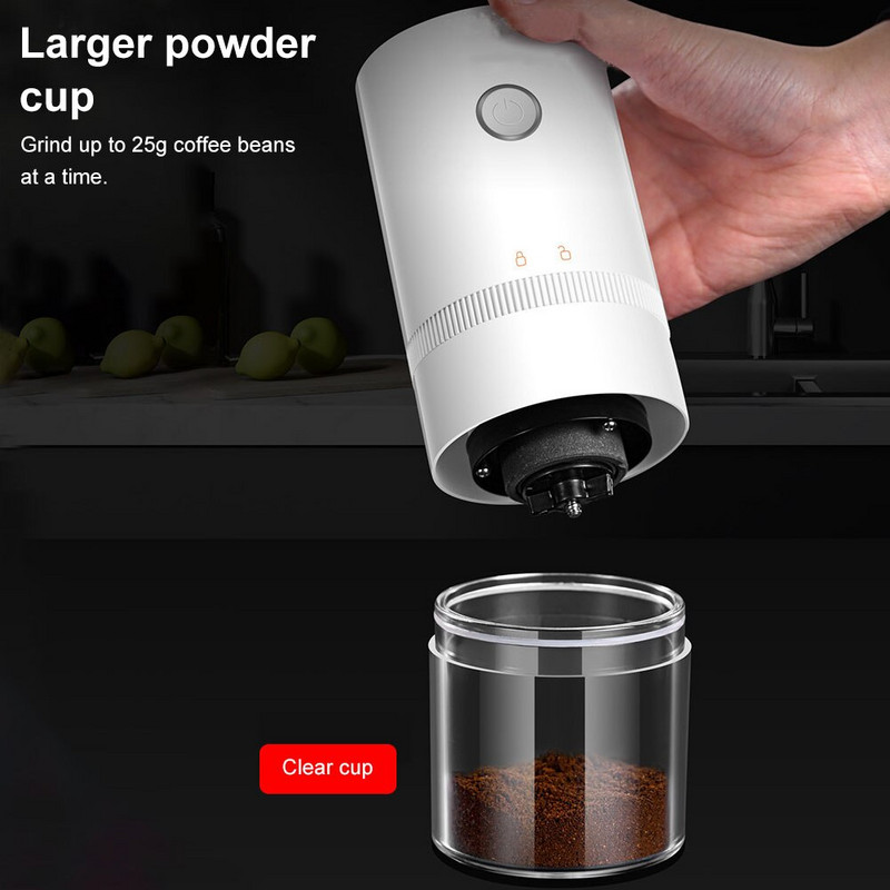 Elektrinis kavos malūnėlis 2-3 puodelių automatinis kūginis kavos pupelių malūnėlis Reguliuojami malimo nustatymai Įkraunamas espresas