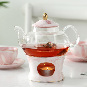 Стъклен чайник с керамична основа за чайник Творчески мраморен дизайн Кана за чай Инструменти Комплект чайник с цедка и свещ