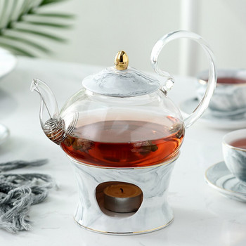 Стъклен чайник с керамична основа за чайник Творчески мраморен дизайн Кана за чай Инструменти Комплект чайник с цедка и свещ