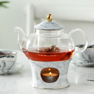 Ceainic de sticlă cu bază de ceainic din ceramică Design creativ din marmură Set de instrumente pentru ceainic cu strecurătoare și lumânare