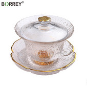 Set de ceai chinezesc Gaiwan BORREY Sticla de cristal de ceai Kung Fu Gai wan Contur alb în aur cu farfurie Ceai de ceai 170ML Ceașcă de ceai pentru ceremonie