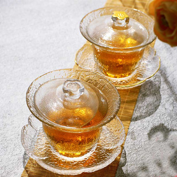 BORREY Китайски сервиз за чай Gaiwan Kung Fu Tea Crystal Glass Gai wan Бял контур в златисто с чинийка Чаена чаша 170ML Ceremony Чаша за чай