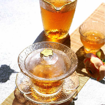 BORREY Китайски сервиз за чай Gaiwan Kung Fu Tea Crystal Glass Gai wan Бял контур в златисто с чинийка Чаена чаша 170ML Ceremony Чаша за чай