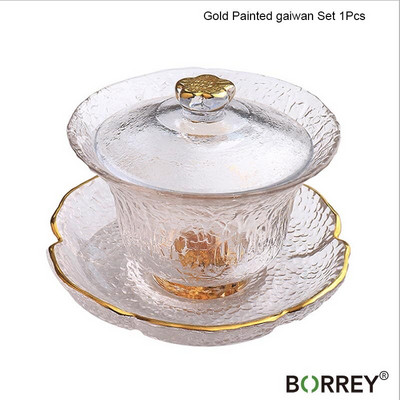 Set de ceai chinezesc Gaiwan BORREY Sticla de cristal de ceai Kung Fu Gai wan Contur alb în aur cu farfurie Ceai de ceai 170ML Ceașcă de ceai pentru ceremonie