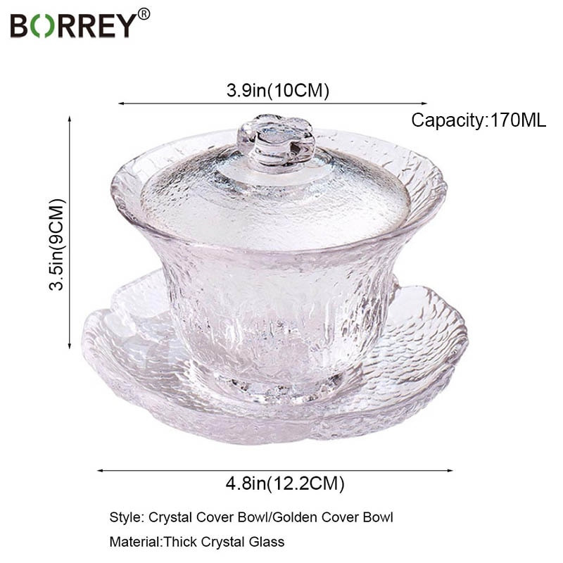 Set de ceai chinezesc Gaiwan BORREY Sticla de cristal de ceai Kung Fu Gai wan Contur alb în aur cu farfurie Ceai de ceai 170ML Ceașcă de ceai pentru ceremonie