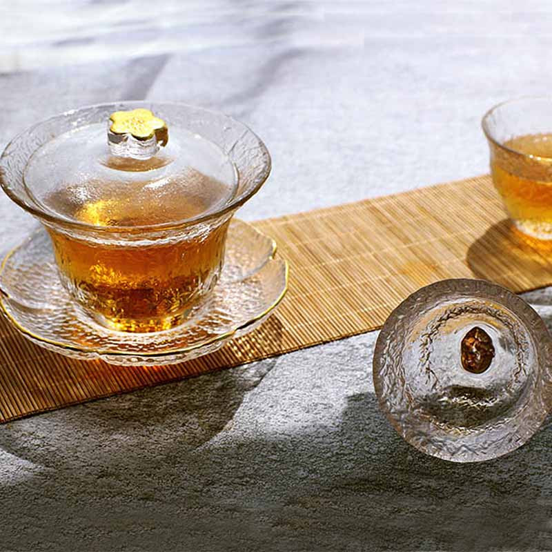 Set de ceai chinezesc Gaiwan BORREY Sticla de cristal de ceai Kung Fu Gai wan Contur alb în aur cu farfurie Ceai de ceai 170ML Ceașcă de ceai pentru ceremonie