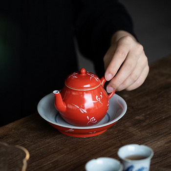 170 мл Коралово червен керамичен чайник Ръчно рисувана орхидея Художествена кана за чай с цедки Китайски кунг-фу пуер чайник тенджера Декорация на дома