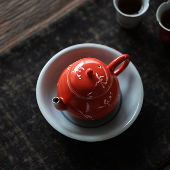 170 мл Коралово червен керамичен чайник Ръчно рисувана орхидея Художествена кана за чай с цедки Китайски кунг-фу пуер чайник тенджера Декорация на дома