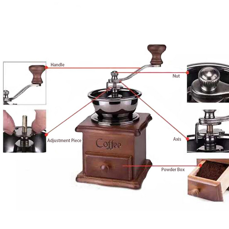 Kavos pupelių malūnėlis Kavos aparatas Kavos Prieskonių Burr malūnėlis Medinis Metalo Dizainas Retro Mini Rankinis Kavos malūnėlis Rankų darbo mašina