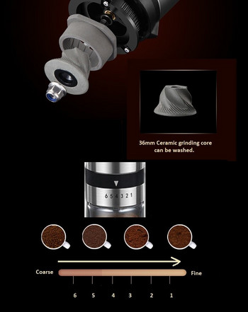 Регулируема преносима ръчна кафемелачка от неръждаема стомана Ръчно изработени мелнички за кафе на зърна Мелница с 6 скорости