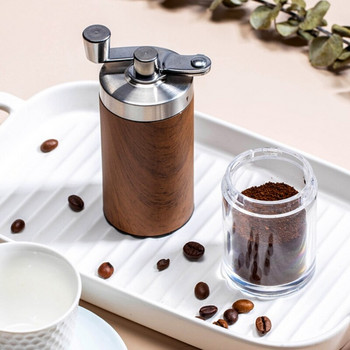 Χειροκίνητος μύλος καφέ με φορητό κόκκο ξύλου Ασημί ανοξείδωτο ατσάλι Aeropress Espresso Grinde Coffee Bean Burr Mill Hand Crank