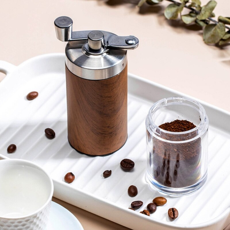 Hordozható fa szemcsés kézi kávédaráló ezüst rozsdamentes acél aeropress eszpresszó daráló kávébab sorja daráló kézi hajtókar