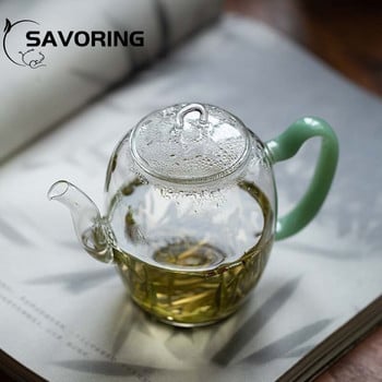 240 ml Изискан стъклен чайник в японски стил Малка нефритова дръжка Прозрачен чайник Kung Fu Чайник Мини перфориран филтърен чайник