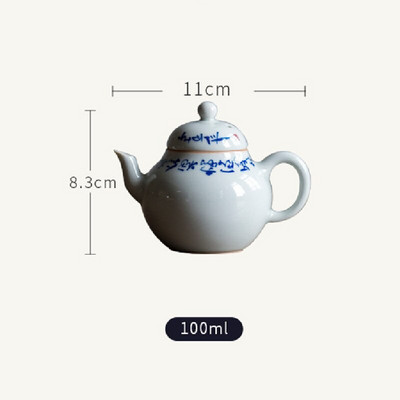 100 ml-es ősi kék mázas kék-fehér teáskanna kézzel írt Cursive Script Poetry Poetry edény szűrős teafőzővel, vízforraló Kungfu teaset
