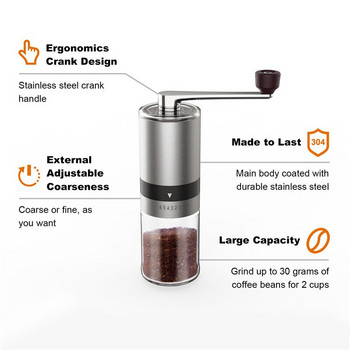 Home Manual Coffee Grinder - Ανοξείδωτο ατσάλι Hand Coffee Bean Burr Grinders Mill Kitchen Tool Grinder Mill 6 Adjustable Settings