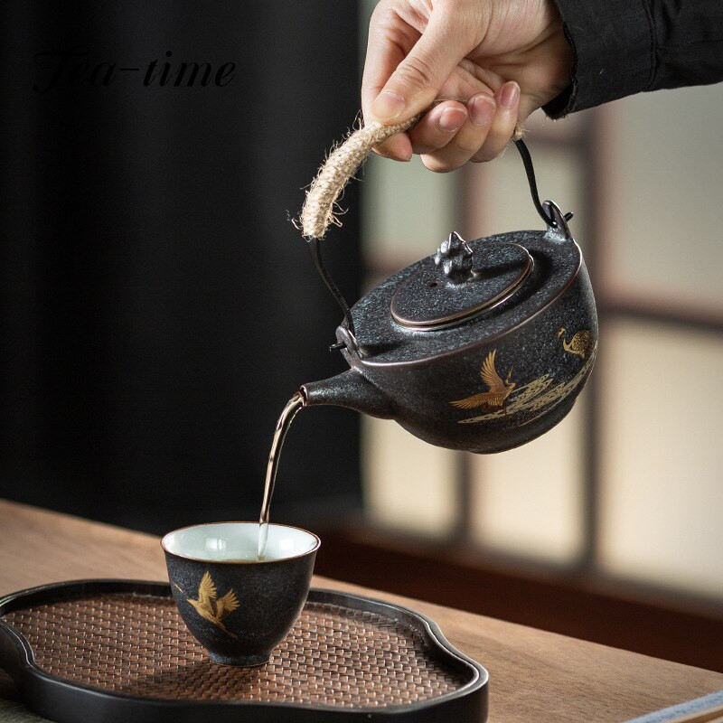 210 ml arbatinukas su kilpine rankena sidabro taškeliu japoniškas retro keramikos keramikos Kung Fu arbatos rinkinys su nerūdijančio plieno ekrano filtru