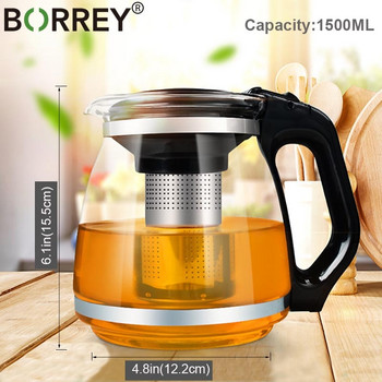 BORREY Heat Resistant Glass Teapot Infuser Διαφανές σετ ποτηριών τσαγιού Puer Oolong Tea Kettle Flower Tea Pot Βραστήρας τσαγιού 1500Ml