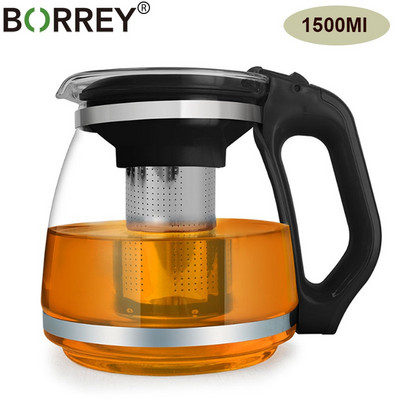 BORREY Топлоустойчива стъклена кана за чайник Infuser Прозрачна кана за чай Комплект чаши Пуер Oolong Чайник за чай Чайник за чай с цветя Чайник за чай 1500 мл